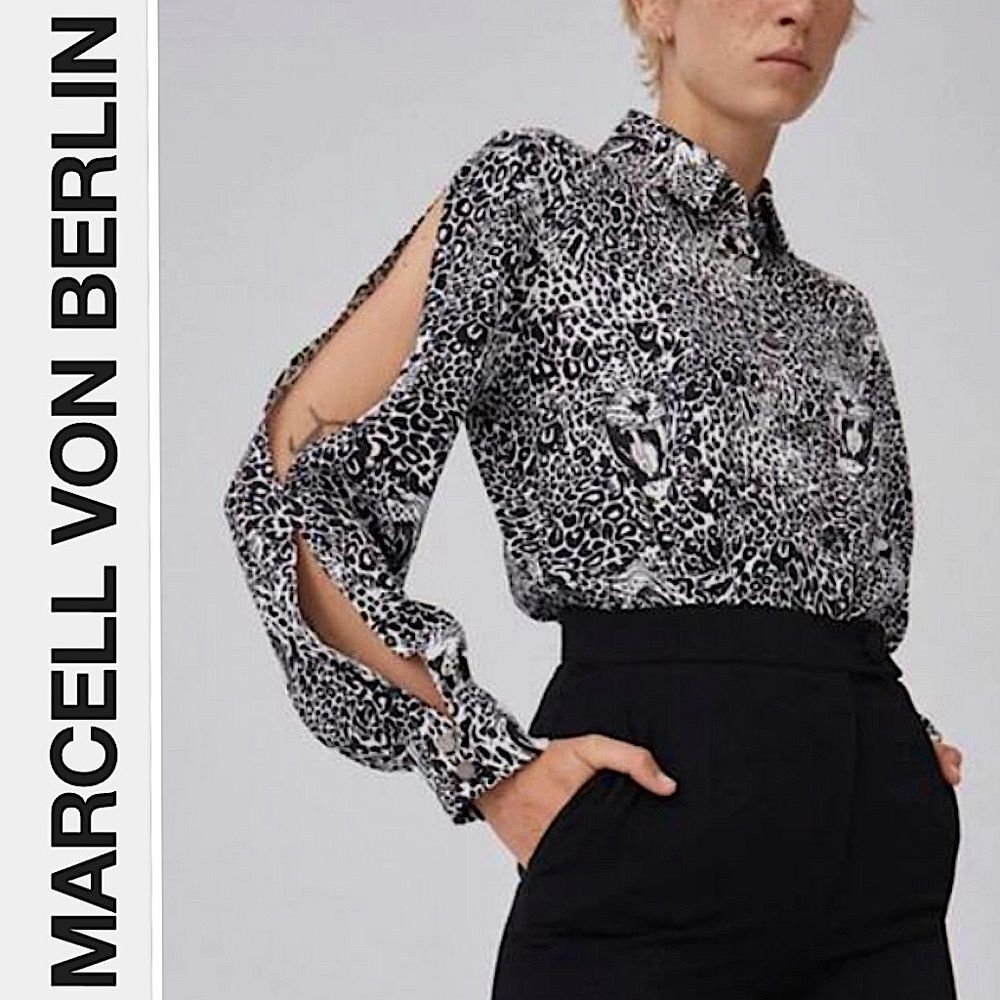 Marcell Von Berlin Sleeve Slits Blouse Shirt Leopard Animal Print Silk Blend 8